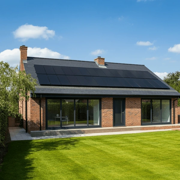 Beautiful home with solar panels installed on the roof